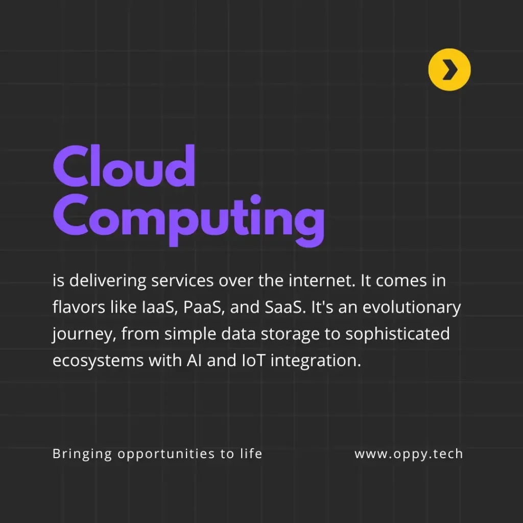 Cloud Computing is delivering services over the internet. It comes in flavors like IaaS, PaaS, and SaaS. It's an evolutionary journey, from simple data storage to sophisticated ecosystems with AI and IoT integration.